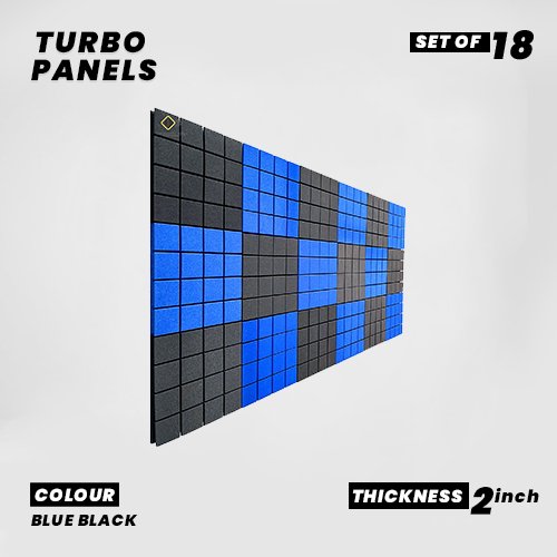 Turbo Panels - Set of 18 | 1 Sqft, 2" Thick | 50 Density Studio Noise Reduction, Echo Absorption | Premium Grade | 3D Structure with Grooves | 9 BLUE, 9 BLACK