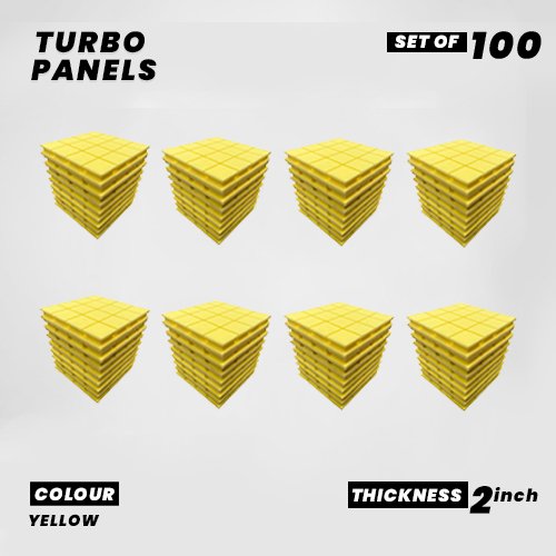 Turbo Panels - Set of 100 | 1 Sqft, 2" Thick | 50 Density Studio Noise Reduction, Echo Absorption | Premium Grade | 3D Structure with Grooves | YELLOW