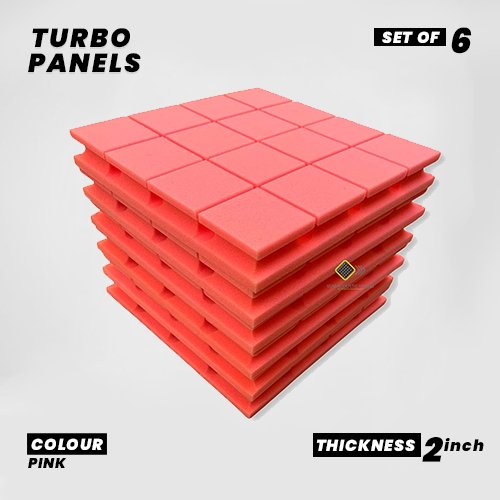 Turbo Panels - Set of 6 | 1 Sqft, 2" Thick | 50 Density Studio Noise Reduction, Echo Absorption | Premium Grade | 3D Structure with Grooves | PINK