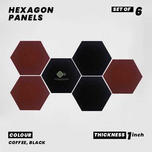 Hexagon Panels - Set of 6 | COFFEE, BLACK | 1 Sqft, 1" Thick | 50 Density Studio Noise Reduction, Echo Absorption | Premium Grade