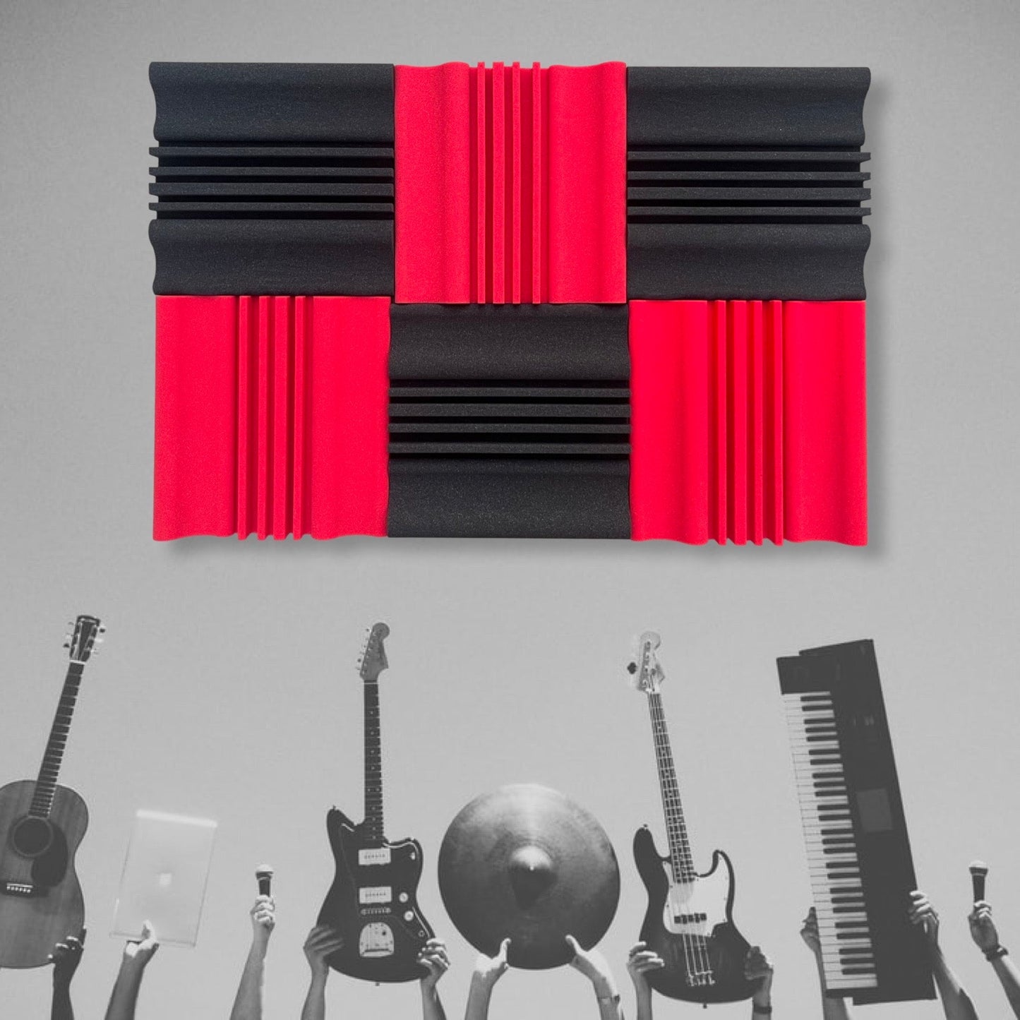 Wave Diffusers Panels - Set of 36 | 1 Sqft, 2" Thick | 50 Density | Premium Grade | 3D Structure Broadband Sound Absorber - Periodic Groove Structure | 18 RED, 18 BLACK