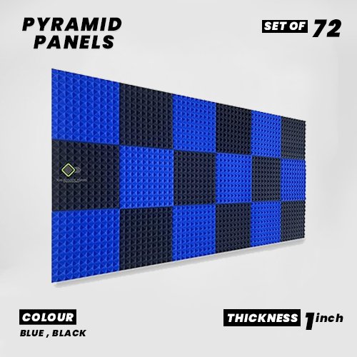 Pyramid Panels - Set of 72 | 1 Sqft, 1" Thick | 50 Density Studio Noise Reduction, Echo Absorption | Premium Grade | 3D Structure | 36 BLUE, 36 BLACK