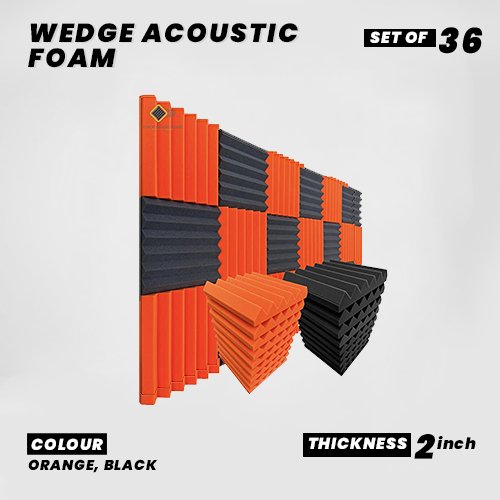 Wedge Panels - Set of 36 | 1 Sqft, 2" Thick | 50 Density Studio Noise Reduction, Echo Absorption | Premium Grade | 3D Structure | 18 ORANGE 18 BLACK