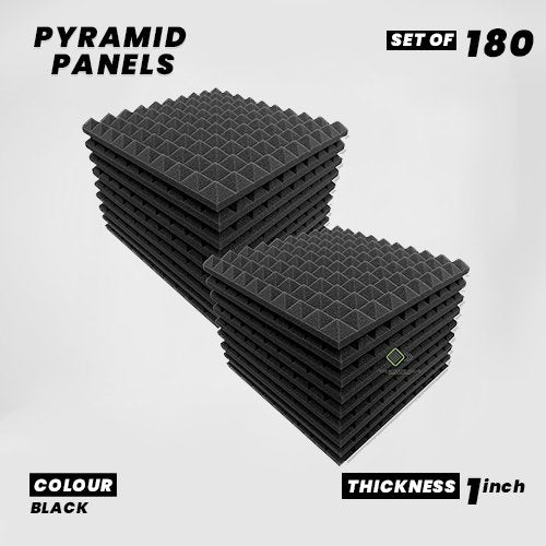 Pyramid Panels - Set of 180 | 1 Sqft, 1" Thick | 50 Density Studio Noise Reduction, Echo Absorption | Premium Grade | 3D Structure | BLACK