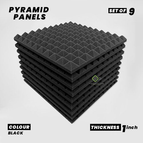 Pyramid Panels - Set of 9 | 1 Sqft, 1" Thick | 50 Density Studio Noise Reduction, Echo Absorption | Premium Grade | 3D Structure | BLACK