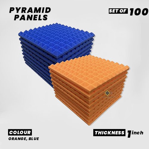 Pyramid Panels - Set of 100 | 1 Sqft, 1" Thick | 50 Density Studio Noise Reduction, Echo Absorption | Premium Grade | 3D Structure | 50 ORANGE, 50 BLUE