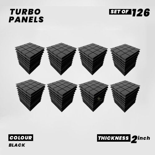 Turbo Panels - Set of 126 | 1 Sqft, 2" Thick | 50 Density Studio Noise Reduction, Echo Absorption | Premium Grade | 3D Structure with Grooves | BLACK