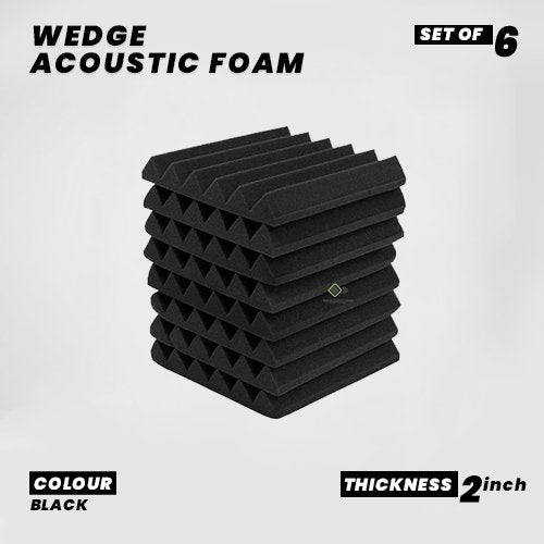 Wedge Panels - Set of 6 | 1 Sqft, 2" Thick | 50 Density Studio Noise Reduction, Echo Absorption | Premium Grade | 3D Structure | BLACK