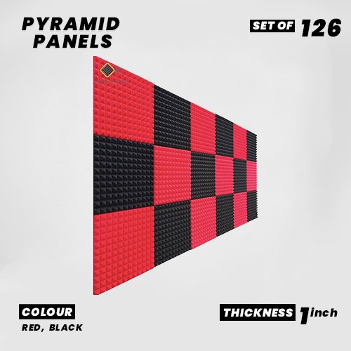 Pyramid Panels - Set of 126 | 1 Sqft, 1" Thick | 50 Density Studio Noise Reduction, Echo Absorption | Premium Grade | 3D Structure | 63 RED, 63 BLACK