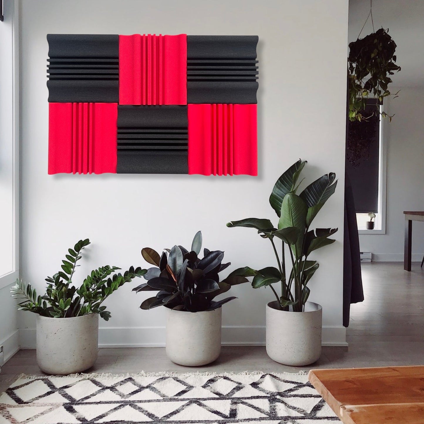 Wave Diffusers Panels - Set of 12 | 1 Sqft, 2" Thick | 50 Density | Premium Grade | 3D Structure Broadband Sound Absorber - Periodic Groove Structure | 6 RED, 6 BLACK