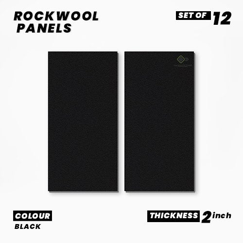 Rockwool Panels - Set of 12| 40" X 24", 2 Inches Thick | Matte Black Fabric Rockwool Soundproofing Acoustic Panels | Density 80 KG/M3 | Rockwool ProRox SL 950 NRC=1