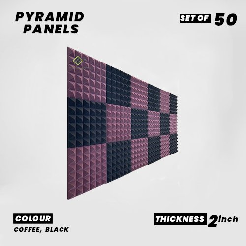 Pyramid Panels - Set of 50 | 1 Sqft, 2" Thick | 50 Density Studio Noise Reduction, Echo Absorption | Premium Grade | 3D Structure | 25 COFFEE, 25 BLACK