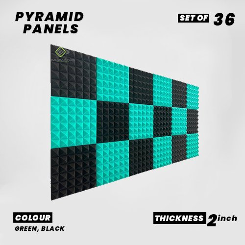 Pyramid Panels - Set of 36 | 1 Sqft, 2" Thick | 50 Density Studio Noise Reduction, Echo Absorption | Premium Grade | 3D Structure | 18 GREEN 18 BLACK