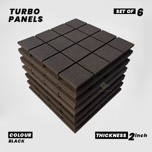 Turbo Panels - Set of 6 | 1 Sqft, 2" Thick | 50 Density Studio Noise Reduction, Echo Absorption | Premium Grade | 3D Structure with Grooves | BLACK