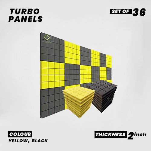 Turbo Panels - Set of 36 | 1 Sqft, 2" Thick | 50 Density Studio Noise Reduction, Echo Absorption | Premium Grade | 3D Structure with Grooves | 18 YELLOW 18 BLACK