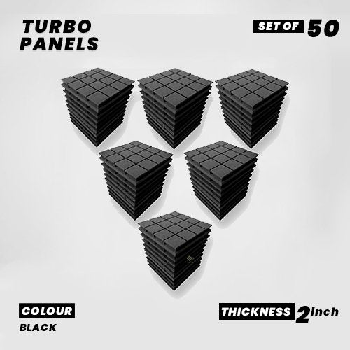 Turbo Panels - Set of 50 | 1 Sqft, 2" Thick | 50 Density Studio Noise Reduction, Echo Absorption | Premium Grade | 3D Structure with Grooves | BLACK