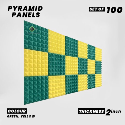 Pyramid Panels - Set of 100 | 1 Sqft, 2" Thick | 50 Density Studio Noise Reduction, Echo Absorption | Premium Grade | 3D Structure | 50 GREEN, 50 YELLOW