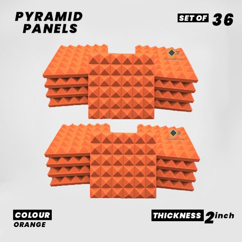 Pyramid Panels - Set of 36 | 1 Sqft, 2" Thick | 50 Density Studio Noise Reduction, Echo Absorption | Premium Grade | 3D Structure | ORANGE