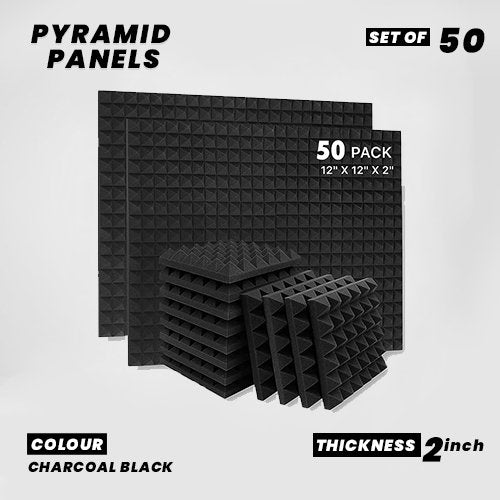 Pyramid Panels - Set of 50 | 1 Sqft, 2" Thick | 50 Density Studio Noise Reduction, Echo Absorption | Premium Grade | 3D Structure | Charcoal Black