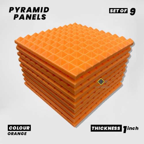 Pyramid Panels - Set of 9 | 1 Sqft, 1" Thick | 50 Density Studio Noise Reduction, Echo Absorption | Premium Grade | 3D Structure | ORANGE