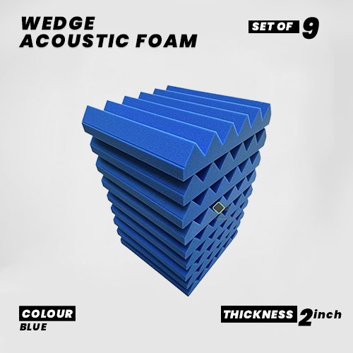 Wedge Panels - Set of 9 | 1 Sqft, 2" Thick | 50 Density Studio Noise Reduction, Echo Absorption | Premium Grade | 3D Structure | BLUE