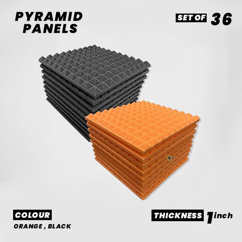 Pyramid Panels - Set of 36 | 1 Sqft, 1" Thick | 50 Density Studio Noise Reduction, Echo Absorption | Premium Grade | 3D Structure | 18 ORANGE 18 BLACK