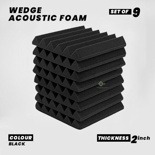 Wedge Panels - Set of 9 | 1 Sqft, 2" Thick | 50 Density Studio Noise Reduction, Echo Absorption | Premium Grade | 3D Structure | BLACK