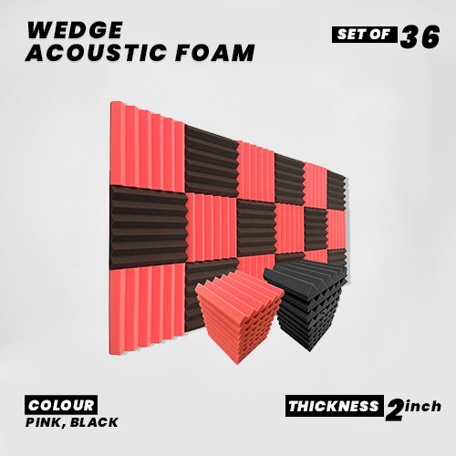 Wedge Panels - Set of 36 | 1 Sqft, 2" Thick | 50 Density Studio Noise Reduction, Echo Absorption | Premium Grade | 3D Structure | 18 PINK 18 BLACK