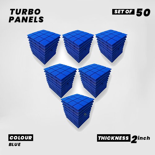 Turbo Panels - Set of 50 | 1 Sqft, 2" Thick | 50 Density Studio Noise Reduction, Echo Absorption | Premium Grade | 3D Structure with Grooves | BLUE