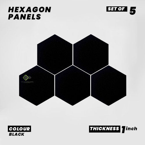 Hexagon Panels - Set of 5 | BLACK | 1 Sqft, 1" Thick | 50 Density Studio Noise Reduction, Echo Absorption | Premium Grade