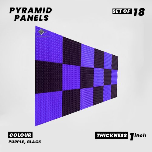 Pyramid Panels - Set of 18 | 1 Sqft, 1" Thick | 50 Density Studio Noise Reduction, Echo Absorption | Premium Grade | 3D Structure | 9 PURPLE, 9 BLACK