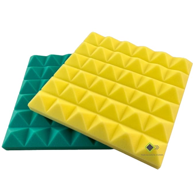 Pyramid Panels - Set of 72 | 1 Sqft, 2" Thick | 50 Density Studio Noise Reduction, Echo Absorption | Premium Grade | 3D Structure | 36 GREEN, 36 YELLOW