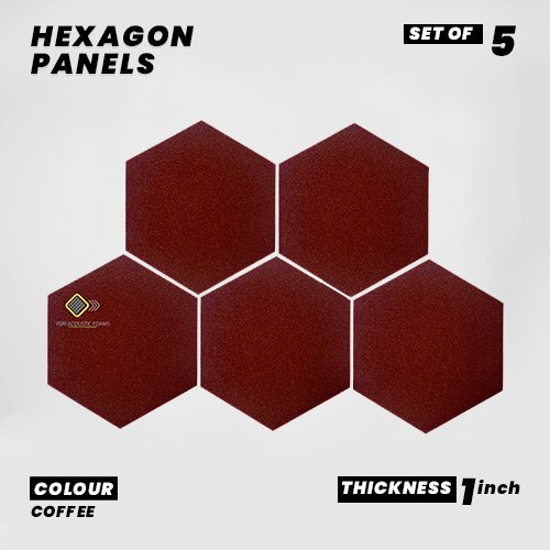 Hexagon Panels - Set of 5 | COFFEE | 1 Sqft, 1" Thick | 50 Density Studio Noise Reduction, Echo Absorption | Premium Grade