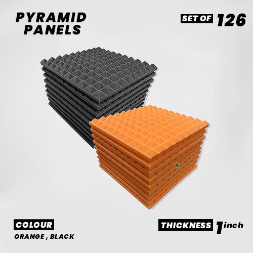 Pyramid Panels - Set of 126 | 1 Sqft, 1" Thick | 50 Density Studio Noise Reduction, Echo Absorption | Premium Grade | 3D Structure | 63 ORANGE, 63 BLACK