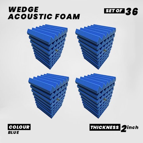 Wedge Panels - Set of 36 | 1 Sqft, 2" Thick | 50 Density Studio Noise Reduction, Echo Absorption | Premium Grade | 3D Structure | BLUE