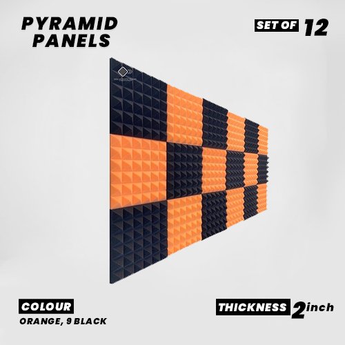 Pyramid Panels - Set of 12 | 1 Sqft, 2" Thick | 50 Density Studio Noise Reduction, Echo Absorption | Premium Grade | 3D Structure | 6 ORANGE, 6 BLACK