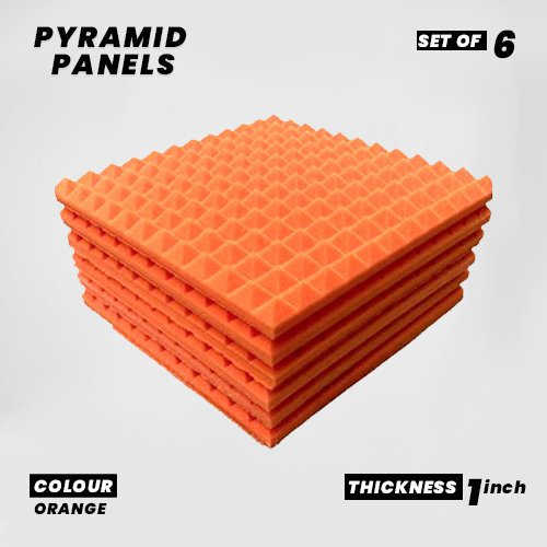 Pyramid Panels - Set of 6 | 1 Sqft, 1" Thick | 50 Density Studio Noise Reduction, Echo Absorption | Premium Grade | 3D Structure | ORANGE