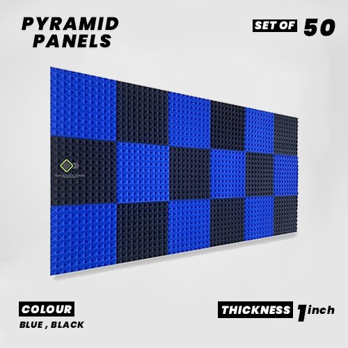 Pyramid Panels - Set of 50 | 1 Sqft, 1" Thick | 50 Density Studio Noise Reduction, Echo Absorption | Premium Grade | 3D Structure | 25 BLUE, 25 BLACK