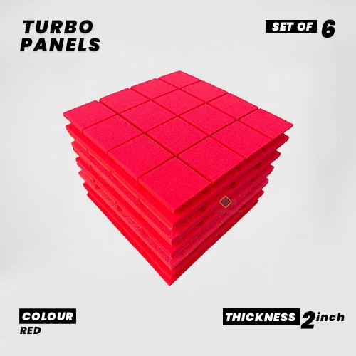 Turbo Panels - Set of 6 | 1 Sqft, 2" Thick | 50 Density Studio Noise Reduction, Echo Absorption | Premium Grade | 3D Structure with Grooves | RED