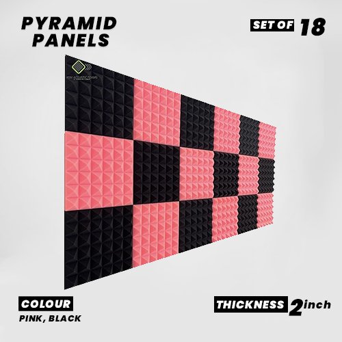 Pyramid Panels - Set of 18 | 1 Sqft, 2" Thick | 50 Density Studio Noise Reduction, Echo Absorption | Premium Grade | 3D Structure | 9 PINK, 9 BLACK