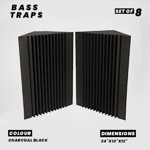 Wedge Corner Bass Traps - Set of 8| 24"x12"x12" | Low Frequency Bass Absorber | Premium Grade, 50 Density (Charcoal Black)