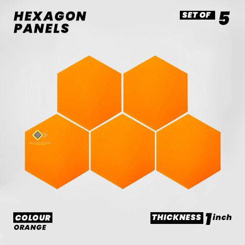 Hexagon Panels - Set of 5 | ORANGE | 1 Sqft, 1" Thick | 50 Density Studio Noise Reduction, Echo Absorption | Premium Grade