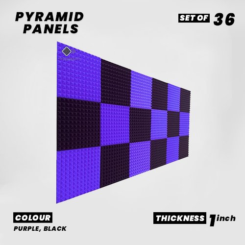 Pyramid Panels - Set of 36 | 1 Sqft, 1" Thick | 50 Density Studio Noise Reduction, Echo Absorption | Premium Grade | 3D Structure | 18 PURPLE 18 BLACK