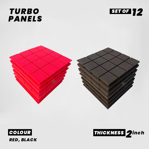 Turbo Panels - Set of 12 | 1 Sqft, 2" Thick | 50 Density Studio Noise Reduction, Echo Absorption | Premium Grade | 3D Structure with Grooves | 6 RED, 6 BLACK