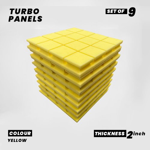 Turbo Panels - Set of 9 | 1 Sqft, 2" Thick | 50 Density Studio Noise Reduction, Echo Absorption | Premium Grade | 3D Structure with Grooves | YELLOW