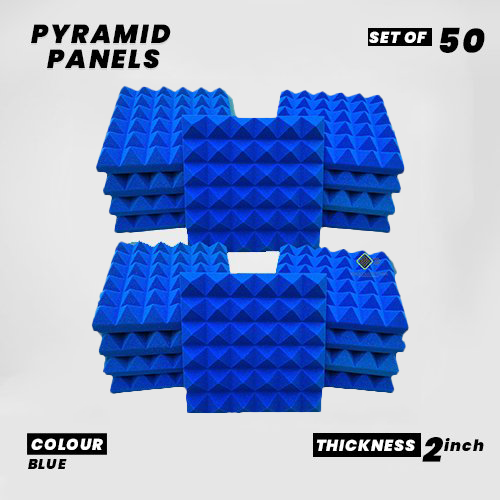 Pyramid Panels - Set of 50 | 1 Sqft, 2" Thick | 50 Density Studio Noise Reduction, Echo Absorption | Premium Grade | 3D Structure | BLUE