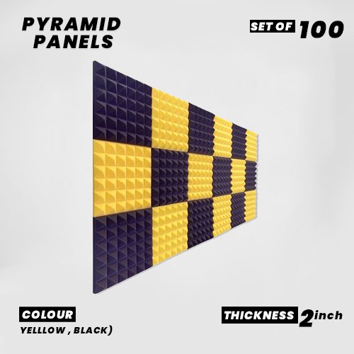 Pyramid Panels - Set of 100 | 1 Sqft, 2" Thick | 50 Density Studio Noise Reduction, Echo Absorption | Premium Grade | 3D Structure | 50 YELLOW, 50 BLACK