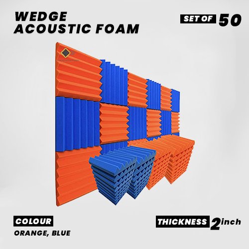 Wedge Panels - Set of 50 | 1 Sqft, 1" Thick | 50 Density Studio Noise Reduction, Echo Absorption | Premium Grade | 3D Structure | 25 ORANGE, 25 BLUE