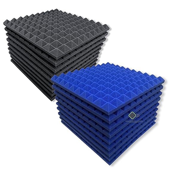 Pyramid Panels - Set of 50 | 1 Sqft, 1" Thick | 50 Density Studio Noise Reduction, Echo Absorption | Premium Grade | 3D Structure | 25 BLUE, 25 BLACK