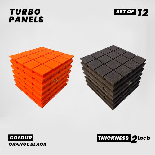 Turbo Panels - Set of 12 | 1 Sqft, 2" Thick | 50 Density Studio Noise Reduction, Echo Absorption | Premium Grade | 3D Structure with Grooves | 6 ORANGE, 6 BLACK